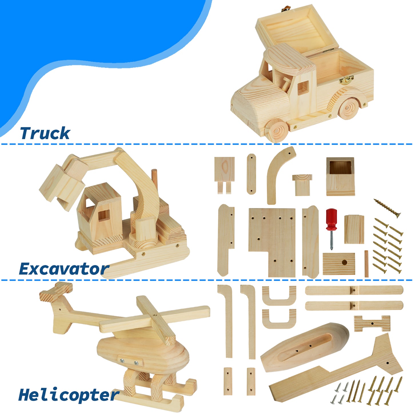 Easy Playhouse 3pc Wood Building Toy Kit with truck, excavator, and helicopter models