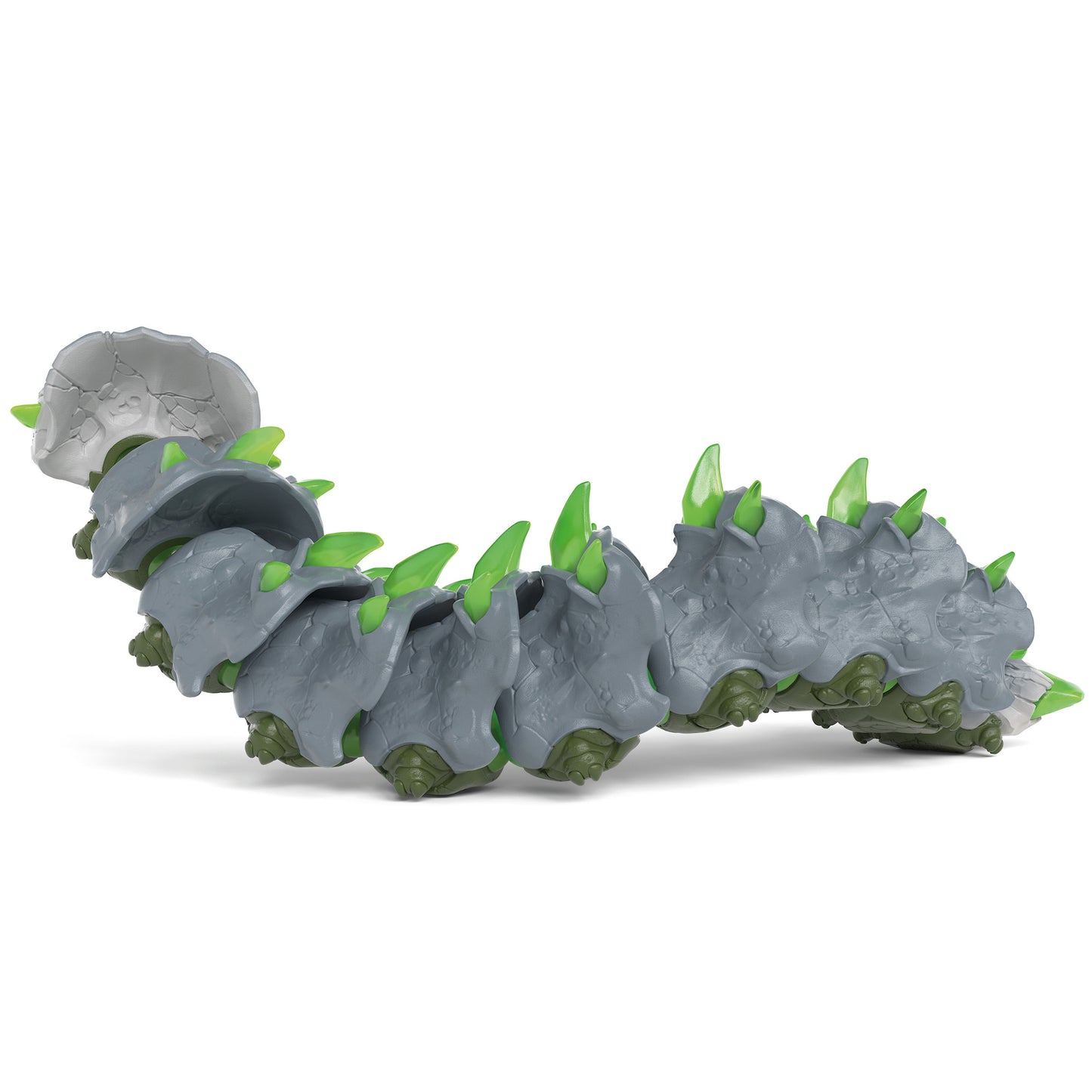Eldrador Creatures Stone Worm toy with gray segmented body and green spikes