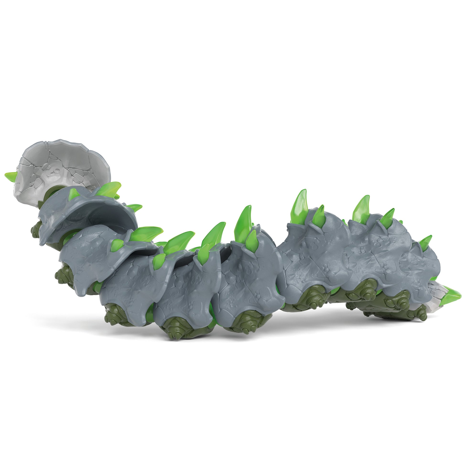 Eldrador Creatures Stone Worm toy with gray segmented body and green spikes