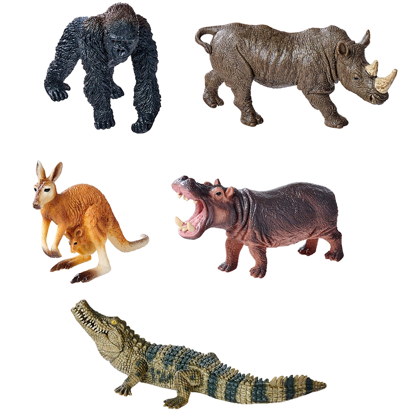 Five detailed animal action figures: black gorilla, gray rhinoceros, brown kangaroo, hippopotamus with open mouth, and green crocodile on white background
