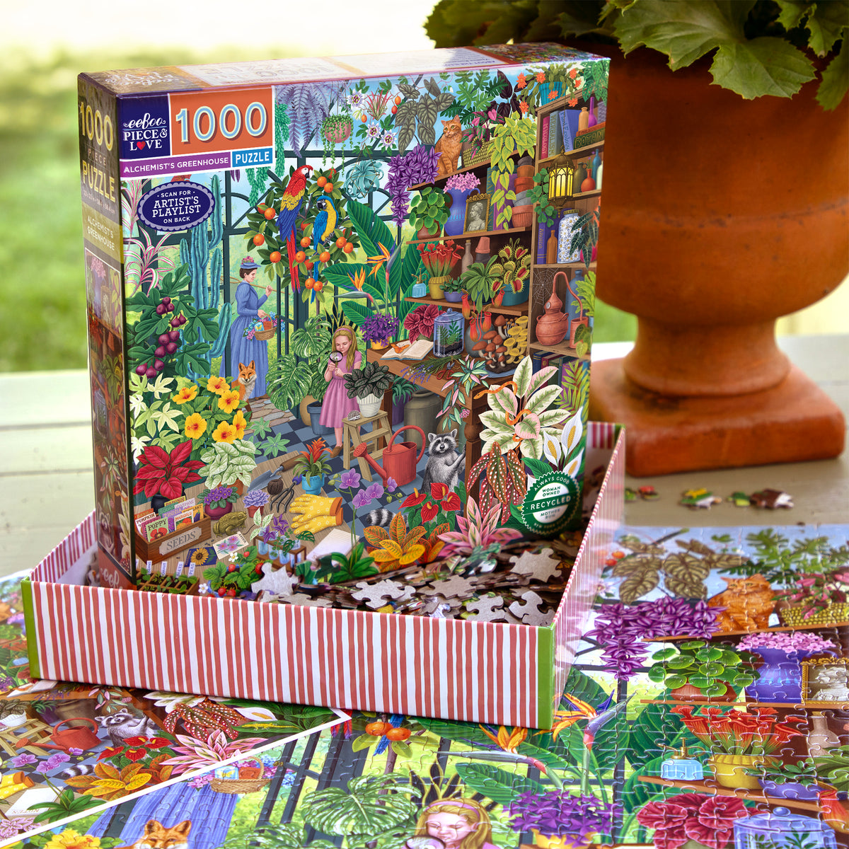 eeBoo Alchemist's Greenhouse 1000 piece jigsaw puzzle with colorful botanical garden illustration