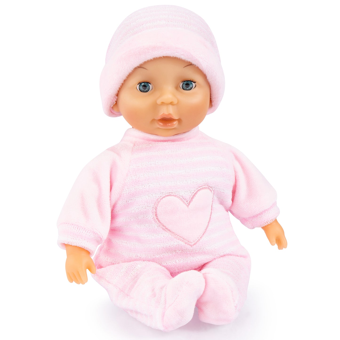 Baby doll with blue eyes wearing pink knit outfit with heart design and matching pink knit hat