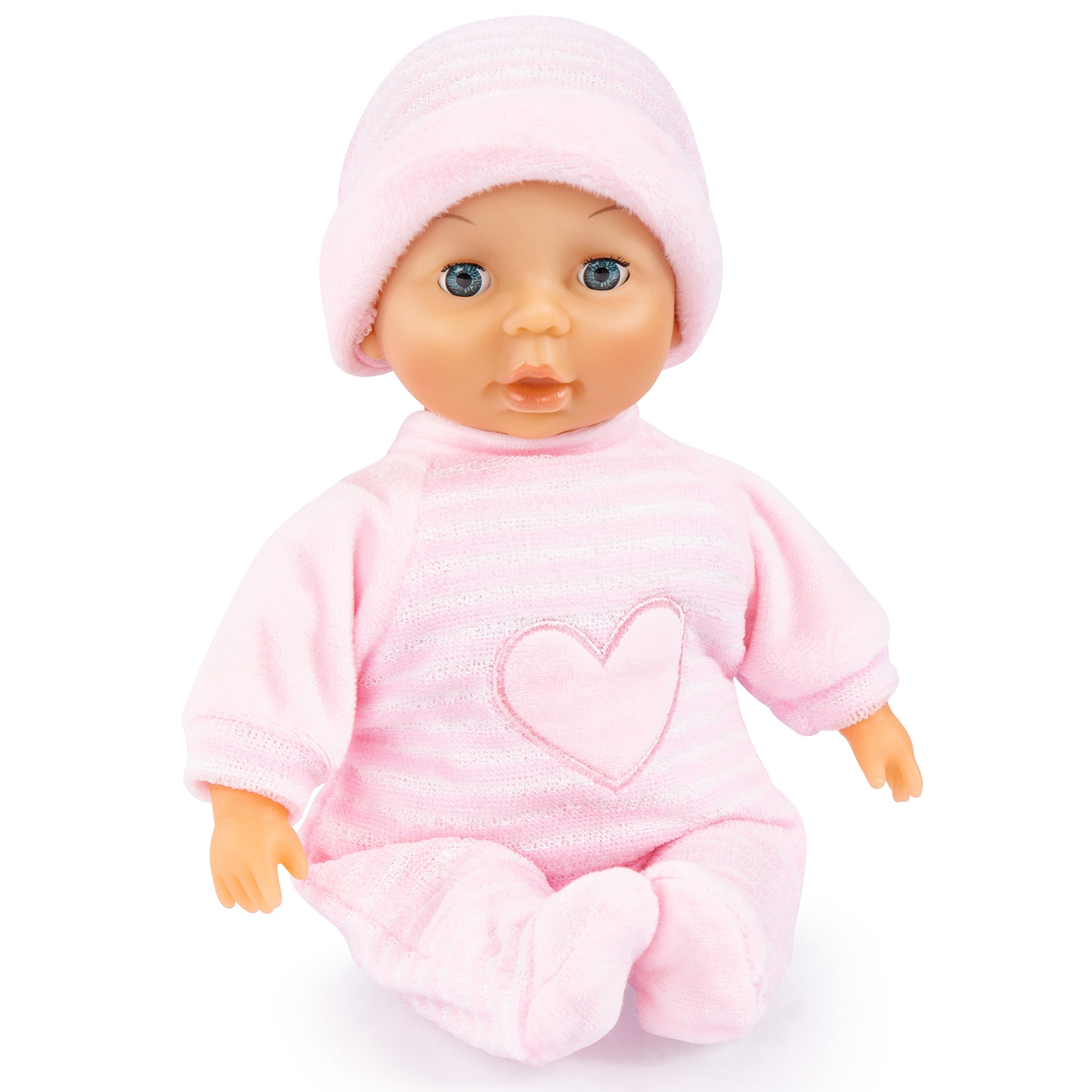Baby doll with blue eyes wearing pink knit outfit with heart design and matching pink knit hat