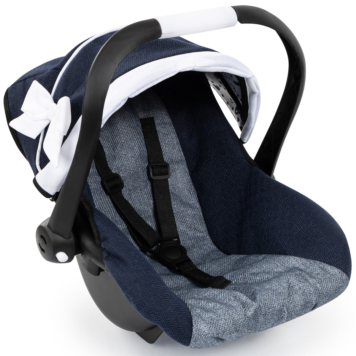 Navy and gray doll car seat with black and white handle, sunshade attachment, and safety straps