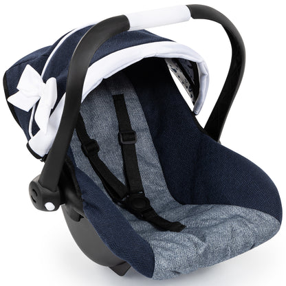 Navy and gray doll car seat with black and white handle, sunshade attachment, and safety straps