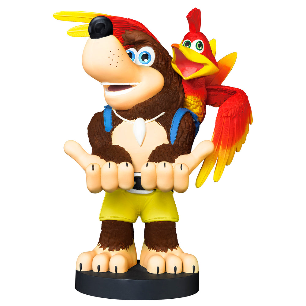 Banjo-Kazooie character figure holder with brown furry Banjo holding red and yellow Kazooie parrot, wearing yellow shorts and blue backpack straps, on black bas