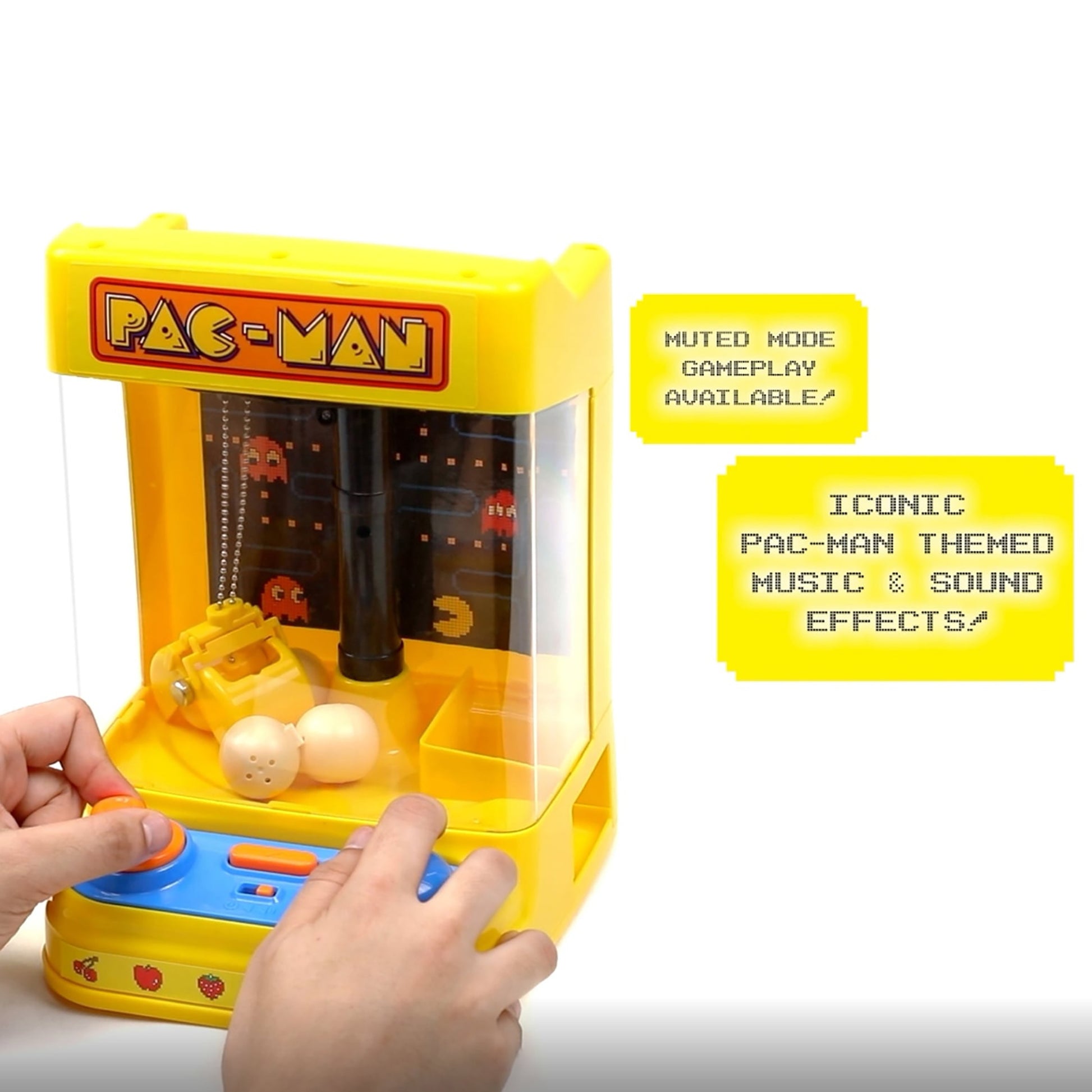 Pac-Man Arcade Claw Crane toy in yellow with muted gameplay mode and classic sound effects