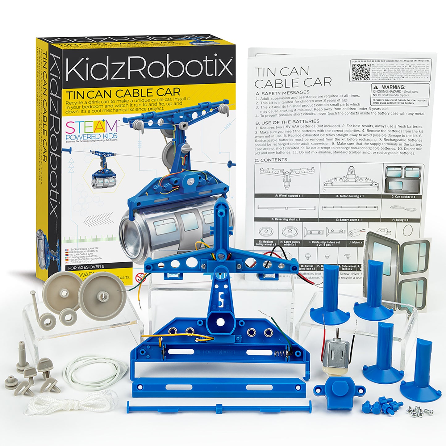 KidzRobotix Tin Can Cable Car STEAM building kit with blue mechanical parts and tin can car