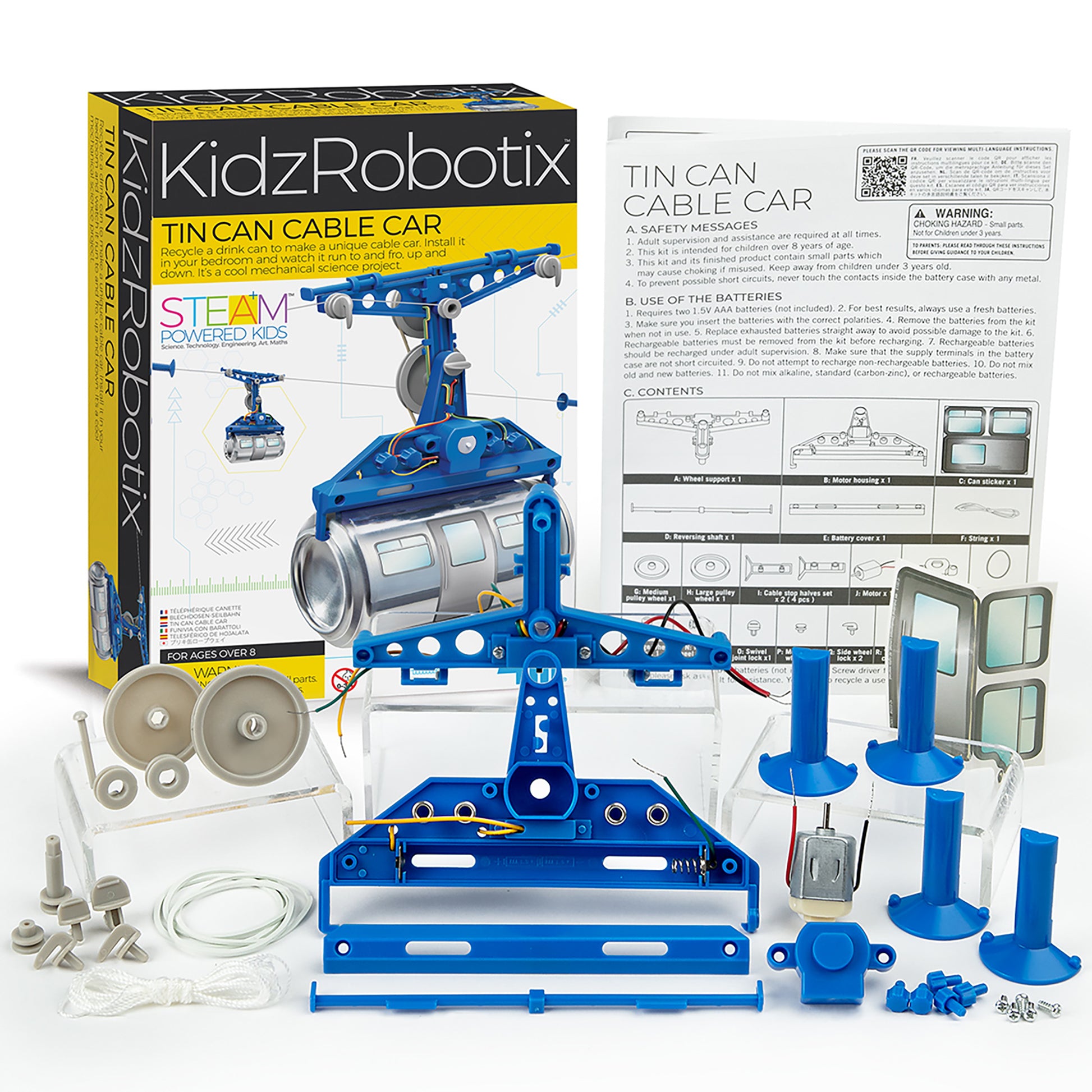 KidzRobotix Tin Can Cable Car STEAM building kit with blue mechanical parts and tin can car