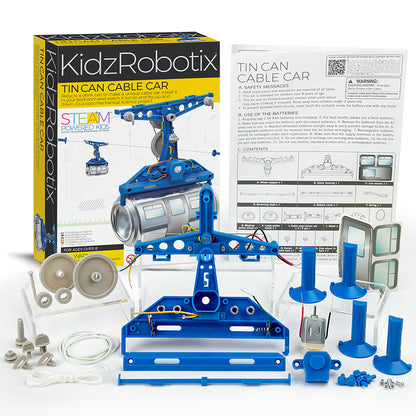 KidzRobotix Tin Can Cable Car STEAM building kit with blue mechanical parts and tin can car