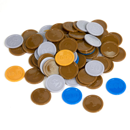 Retro Arcade Coin Pusher Game with colorful plastic coins in brown, white, blue, and gold