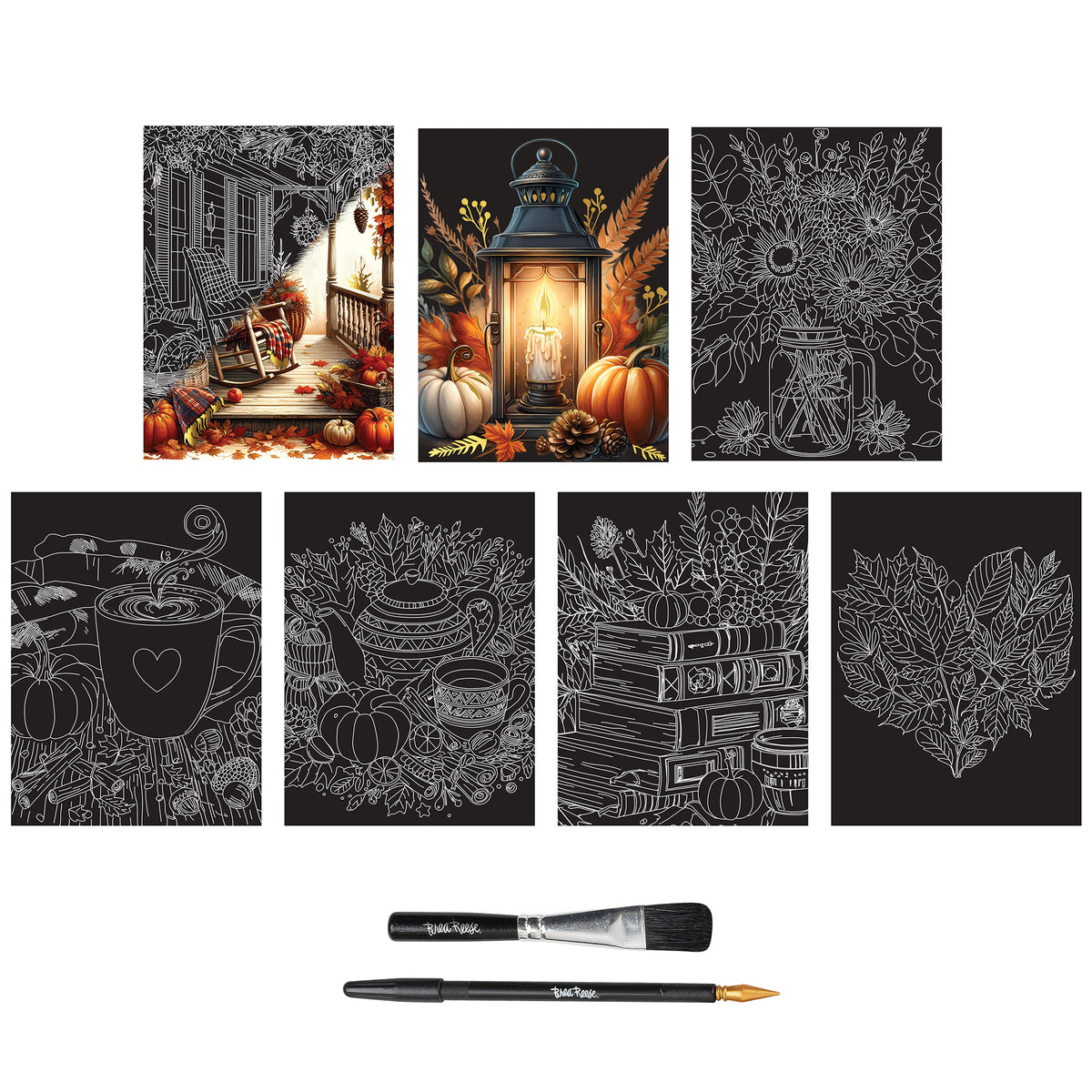 Scratch Art Paper Pad - Fall Florals with 7 designs, brush and pen tools