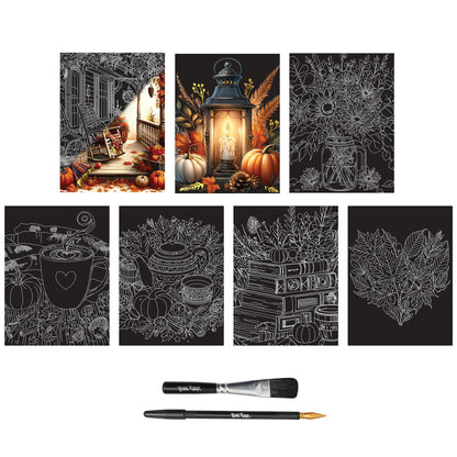 Scratch Art Paper Pad - Fall Florals with 7 designs, brush and pen tools