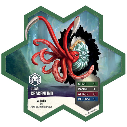 Heroscape Ullar Krakenling miniature with red tentacles, game stats card showing Move 5, Attack 6, Defense 5, Range 1