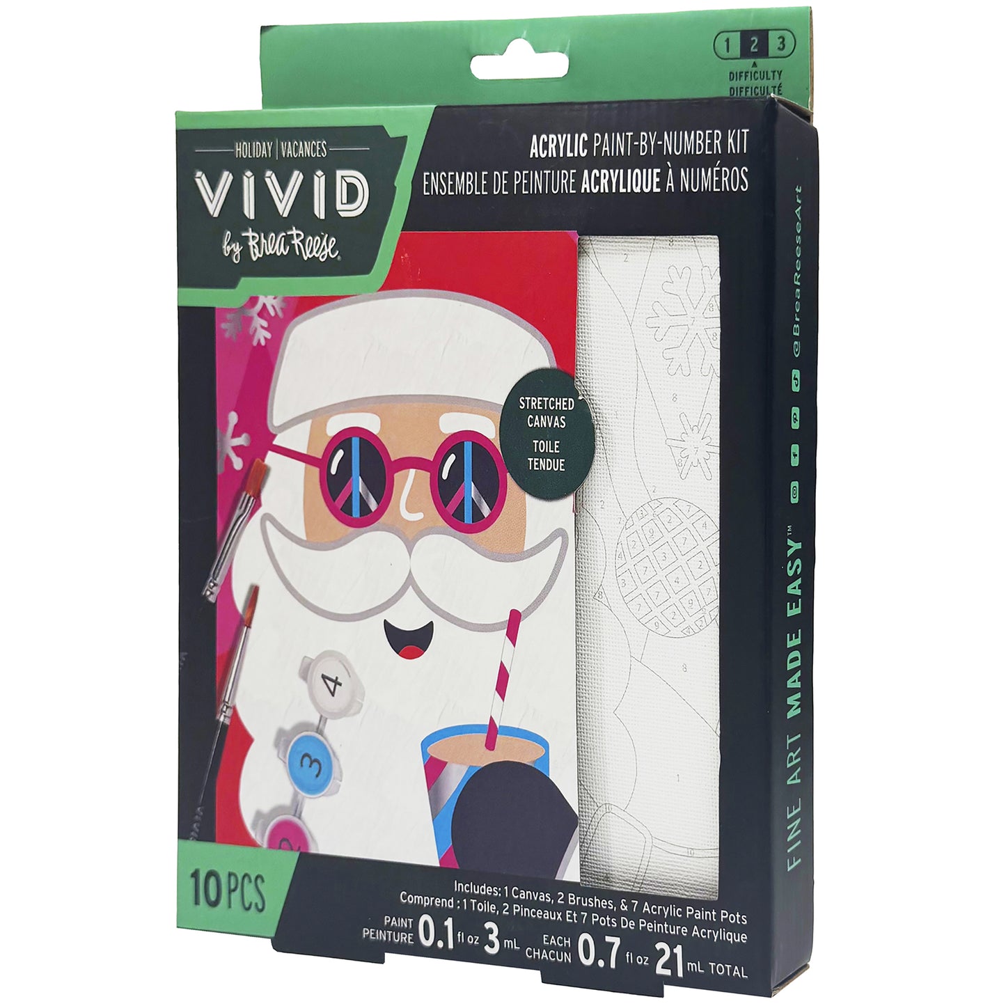 Vivid Acrylic Paint-By-Number Kit: Groovy Santa with stretched canvas, brushes, and paint pots