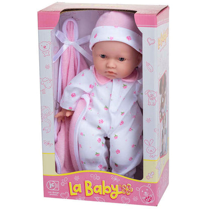JC Toys La Baby 11 inch soft body doll with pink floral outfit, headband, blanket and pacifier