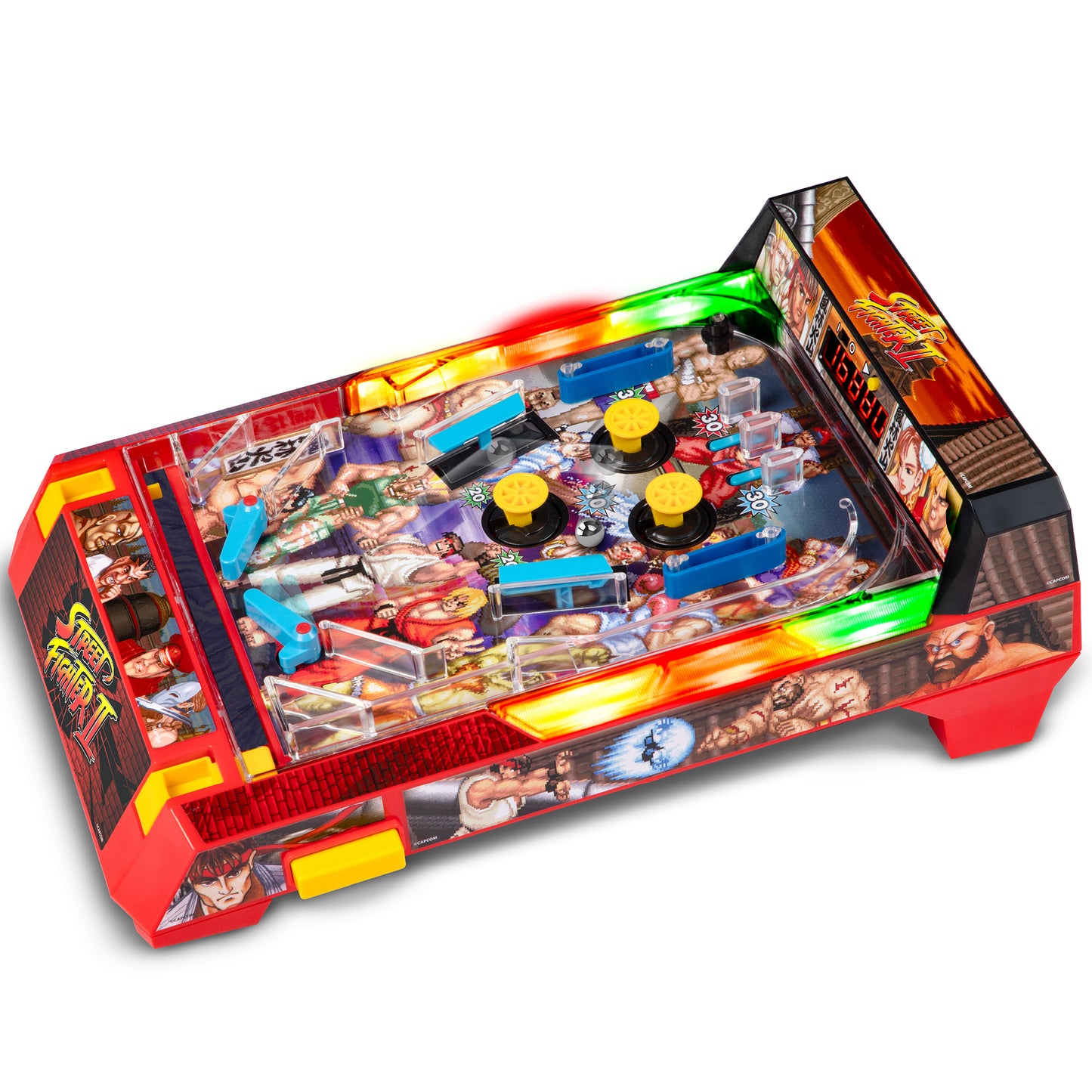 Street Fighter II Arcade Pinball Premium Series red machine with LED lights and yellow flippers