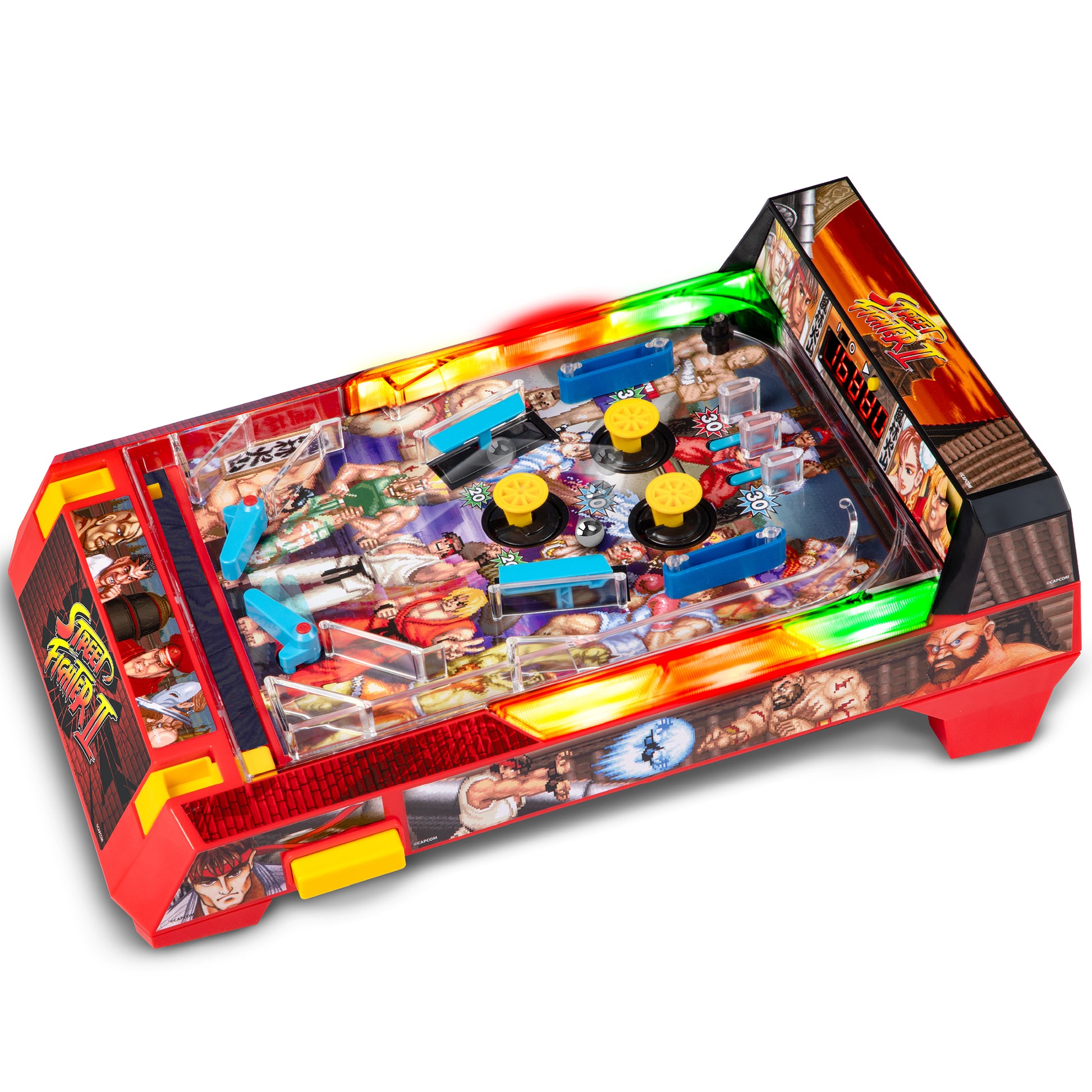 Street Fighter II Arcade Pinball Premium Series red machine with LED lights and yellow flippers