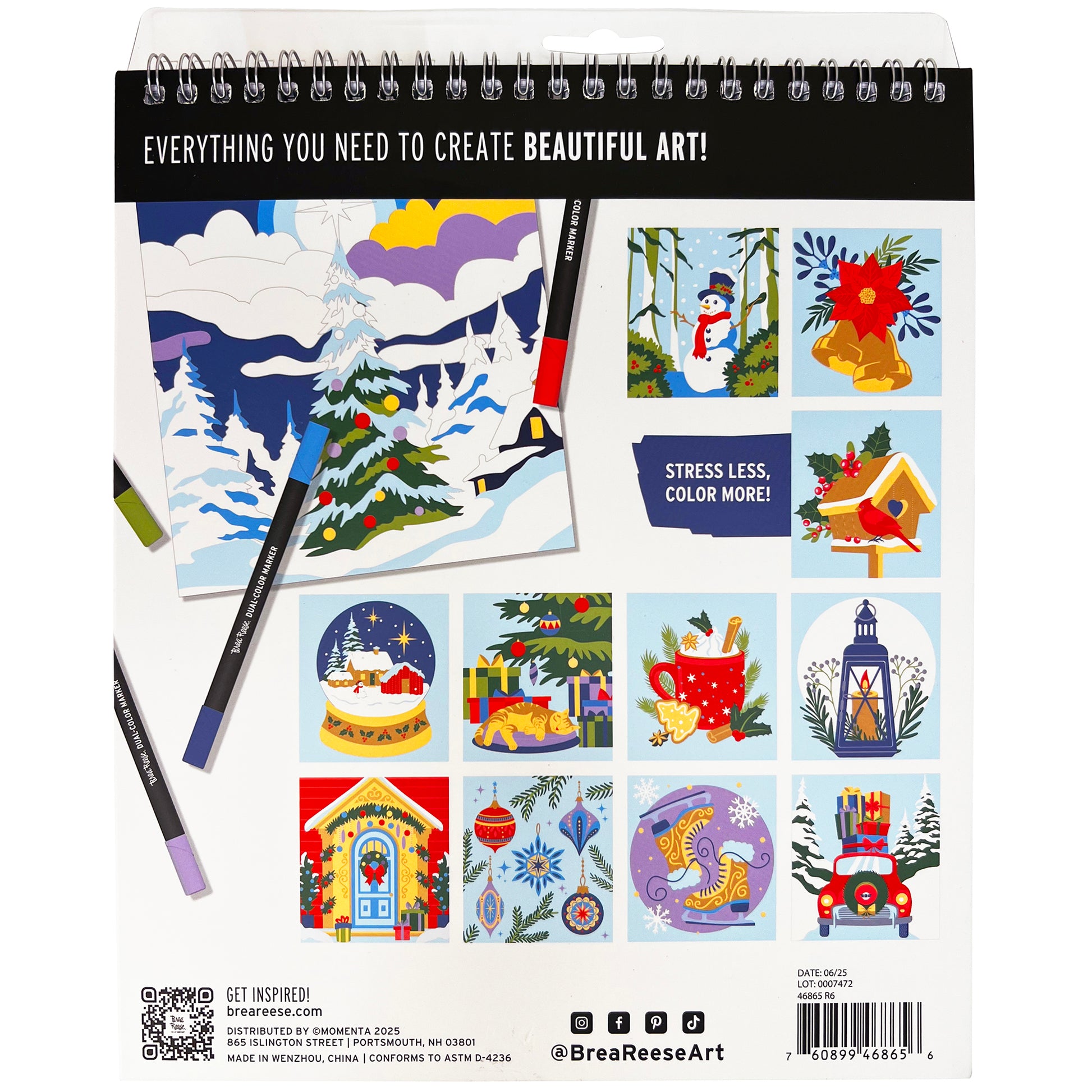 Brea Reese Christmas Coloring Kit with spiral-bound pad, 3 erasable markers, and festive holiday designs