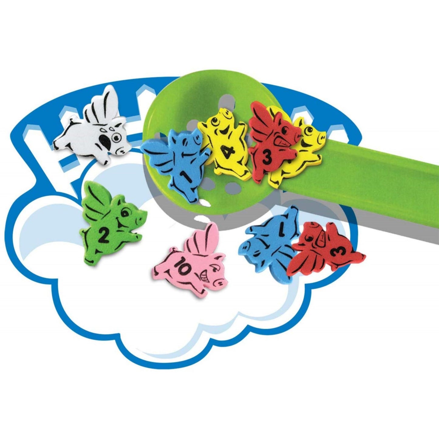 When Pigs Fly! Family Action Game showing colorful numbered pig pieces on a cloud-shaped board with a green ramp