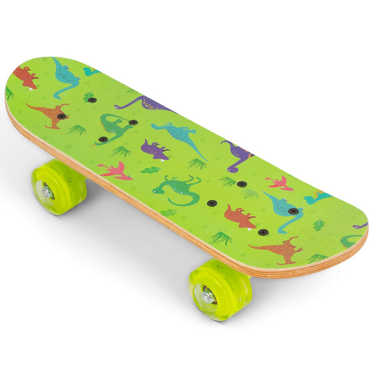 Bright lime-green skateboard with colorful dinosaur print and natural wood sides, mounted on two neon yellow wheels with silver hardware