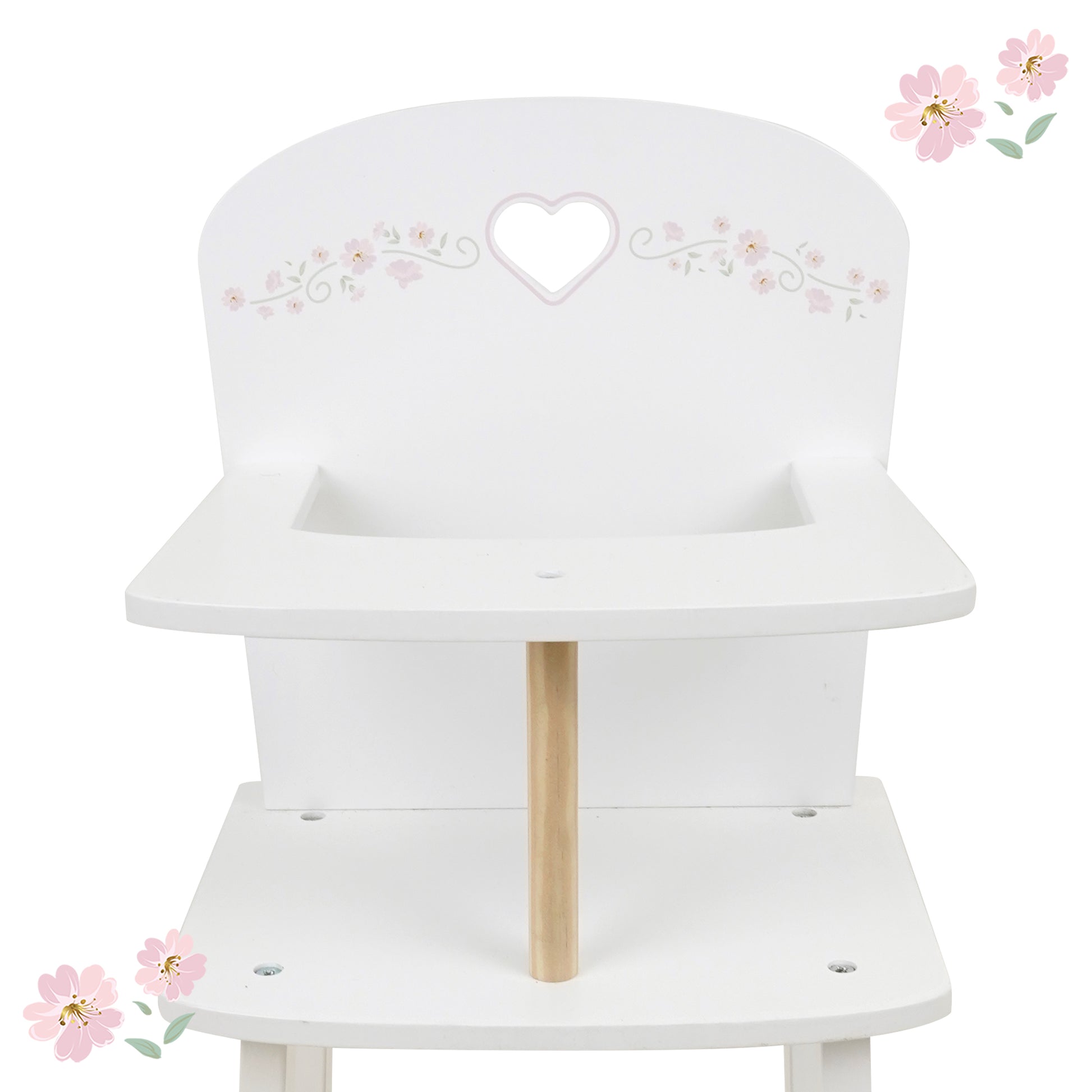 Little Flora Wooden Doll Highchair with white finish, heart cutout, and natural wood post