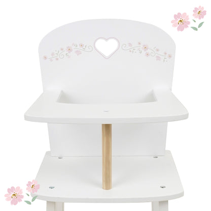 Little Flora Wooden Doll Highchair with white finish, heart cutout, and natural wood post