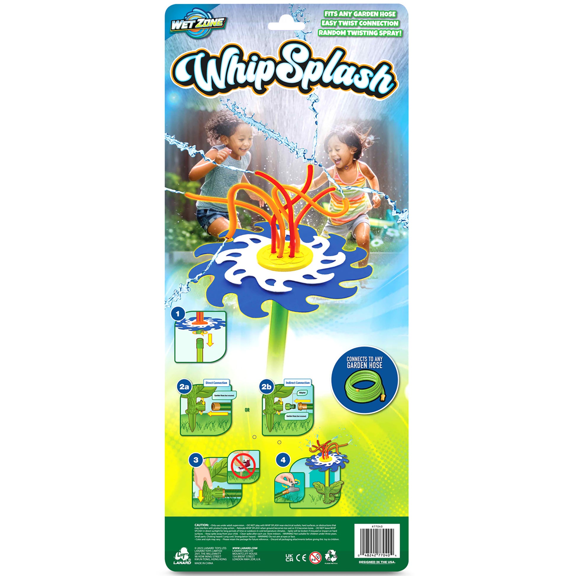 Whip Splash Sprinkler toy with colorful twisting spray arms and garden hose connection