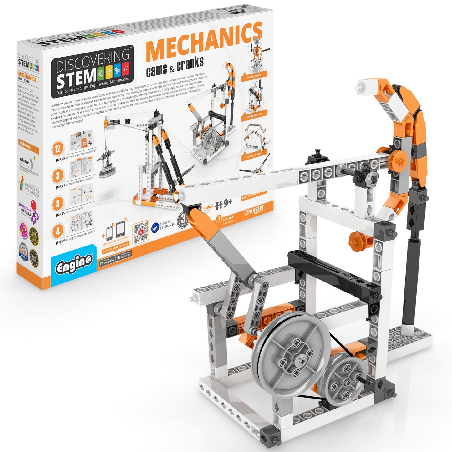Engino Discovering STEM Mechanics Cams & Cranks building set with orange and gray motorized models