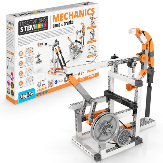 Engino Discovering STEM Mechanics Cams & Cranks building set with orange and gray motorized models