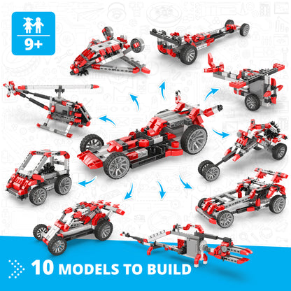 Engino Inventor Motorized 10-in-1 Race Car building set with red and black brick models and gear mechanisms