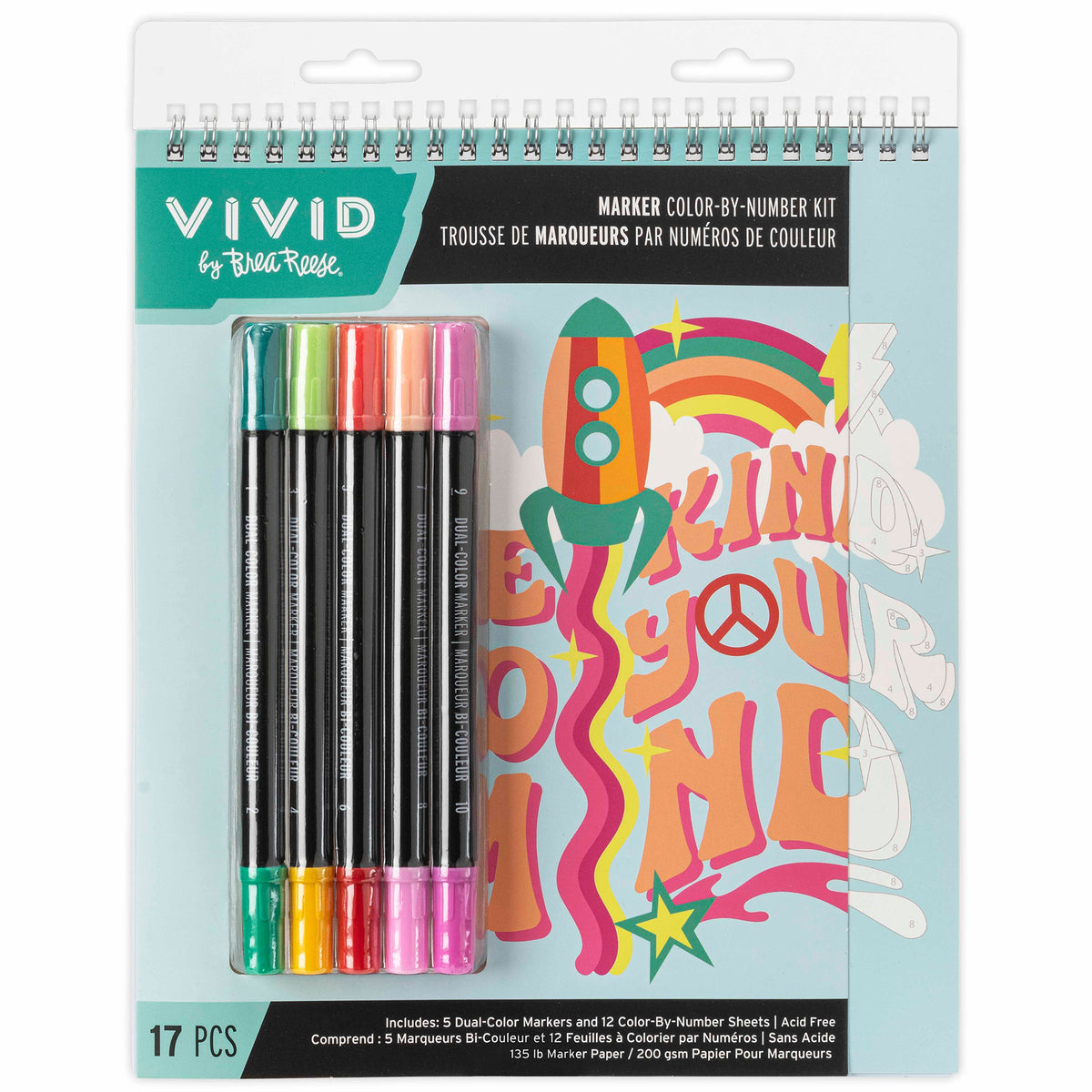 VIVID Marker Color-By-Number Kit Good Vibes with 5 dual-color markers and 12 coloring sheets