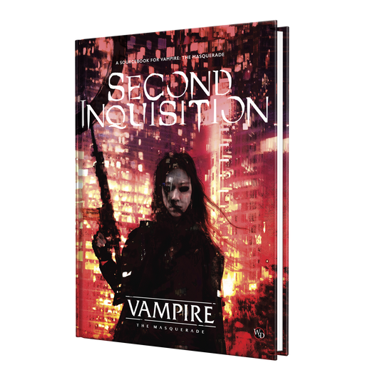 Vampire: The Masquerade Second Inquisition sourcebook with red cityscape cover and figure holding weapon