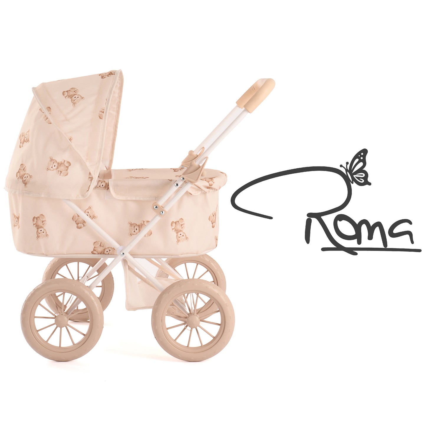 Roma Teddy My First Doll Pram in cream with teddy bear pattern and wheels
