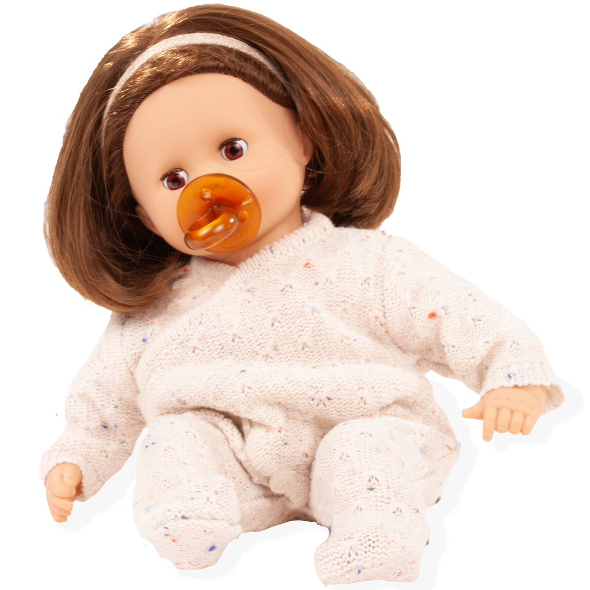 Muffin Doll 13" soft doll with brown hair, headband, and amber pacifier wearing beige knit jumpsuit