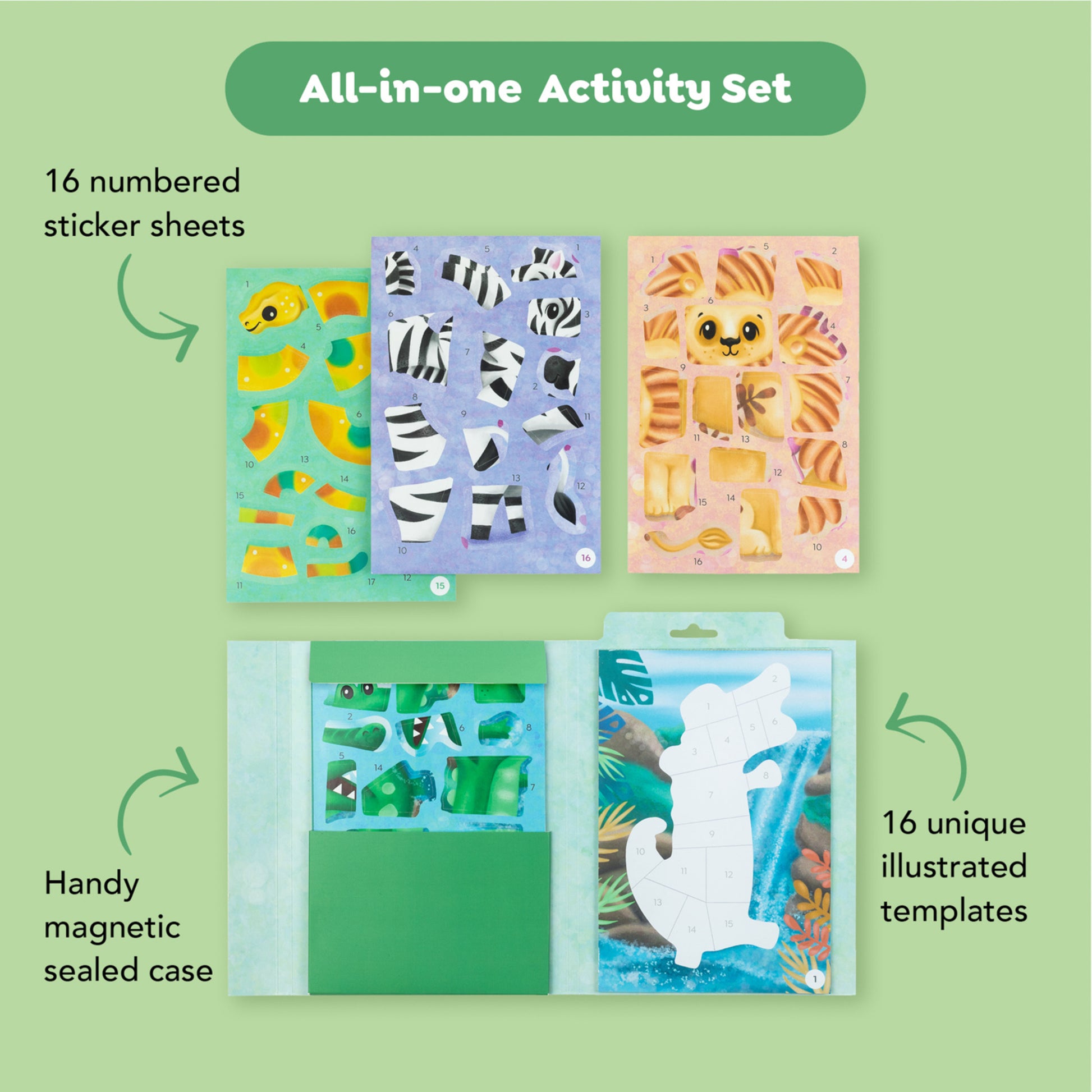 Tiger Tribe Sticker by Numbers Animal Adventure set with 16 numbered sticker sheets and illustrated templates in magn...