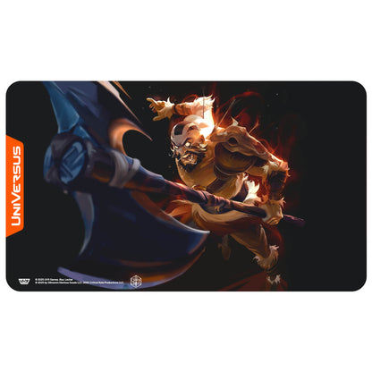 UniVersus Critical Role: Exandria Grog Strongjaw Playmat featuring an illustrated barbarian character with fiery magical effects on a dark background
