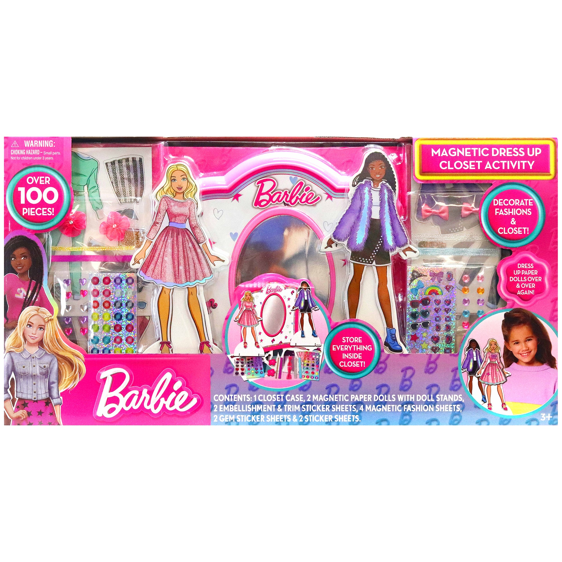Barbie Magnetic Dress Up Closet Activity with 100+ pieces, dolls, and magnetic fashion sheets
