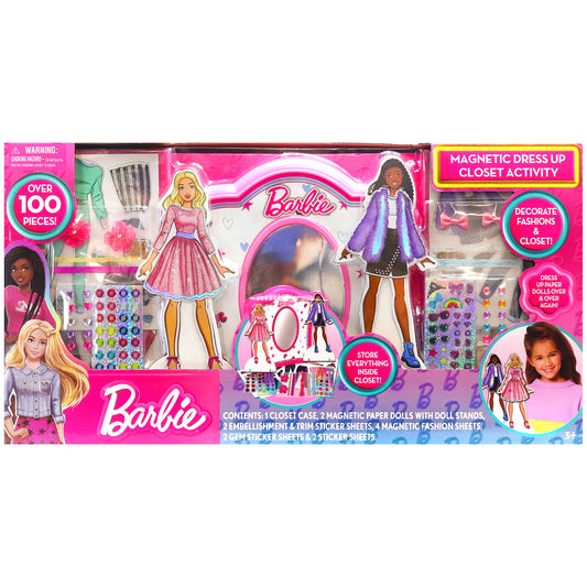 Barbie Magnetic Dress Up Closet Activity with 100+ pieces, dolls, and magnetic fashion sheets