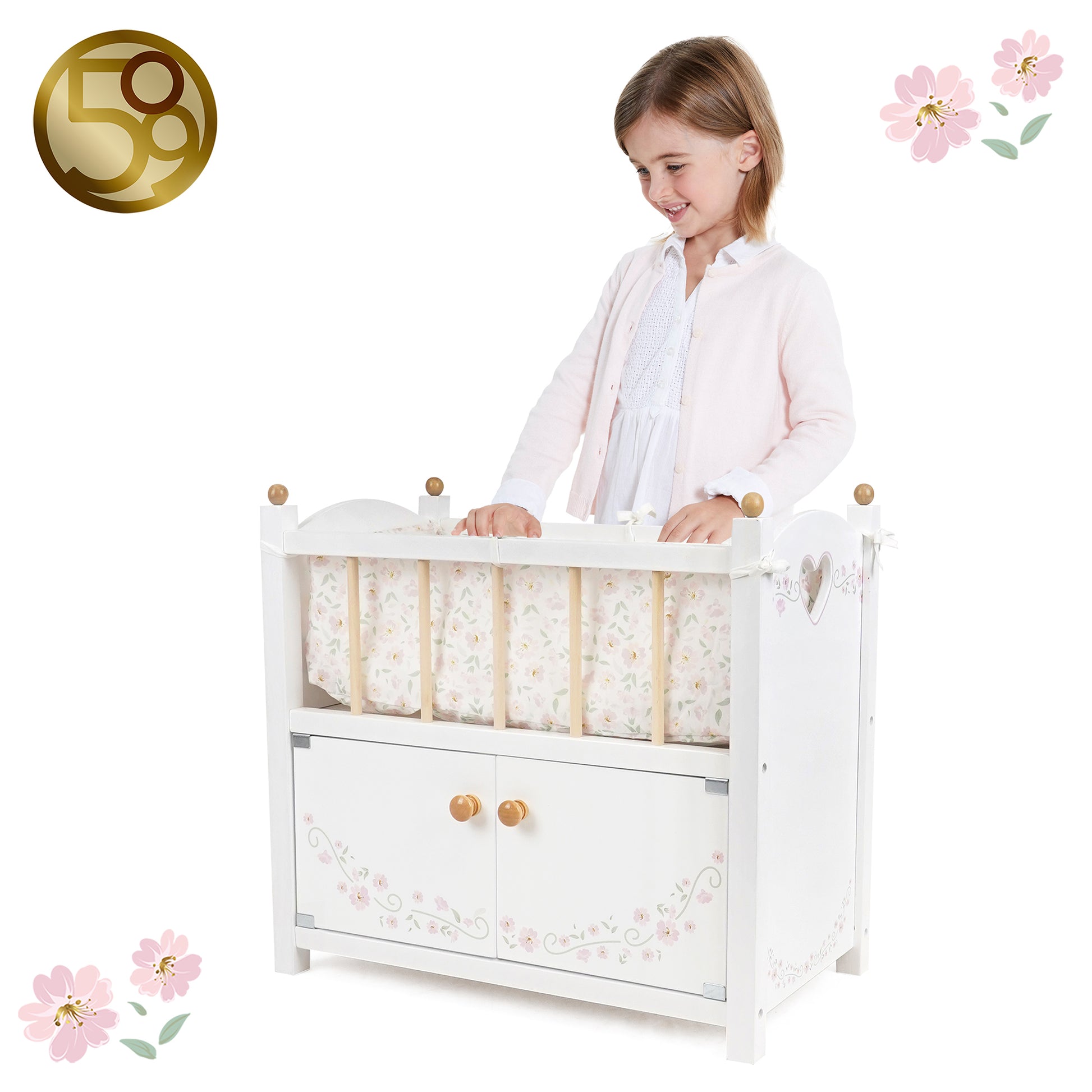 509 Crew Little Flora 2-in-1 wooden doll cabinet bed with white finish and pink floral design