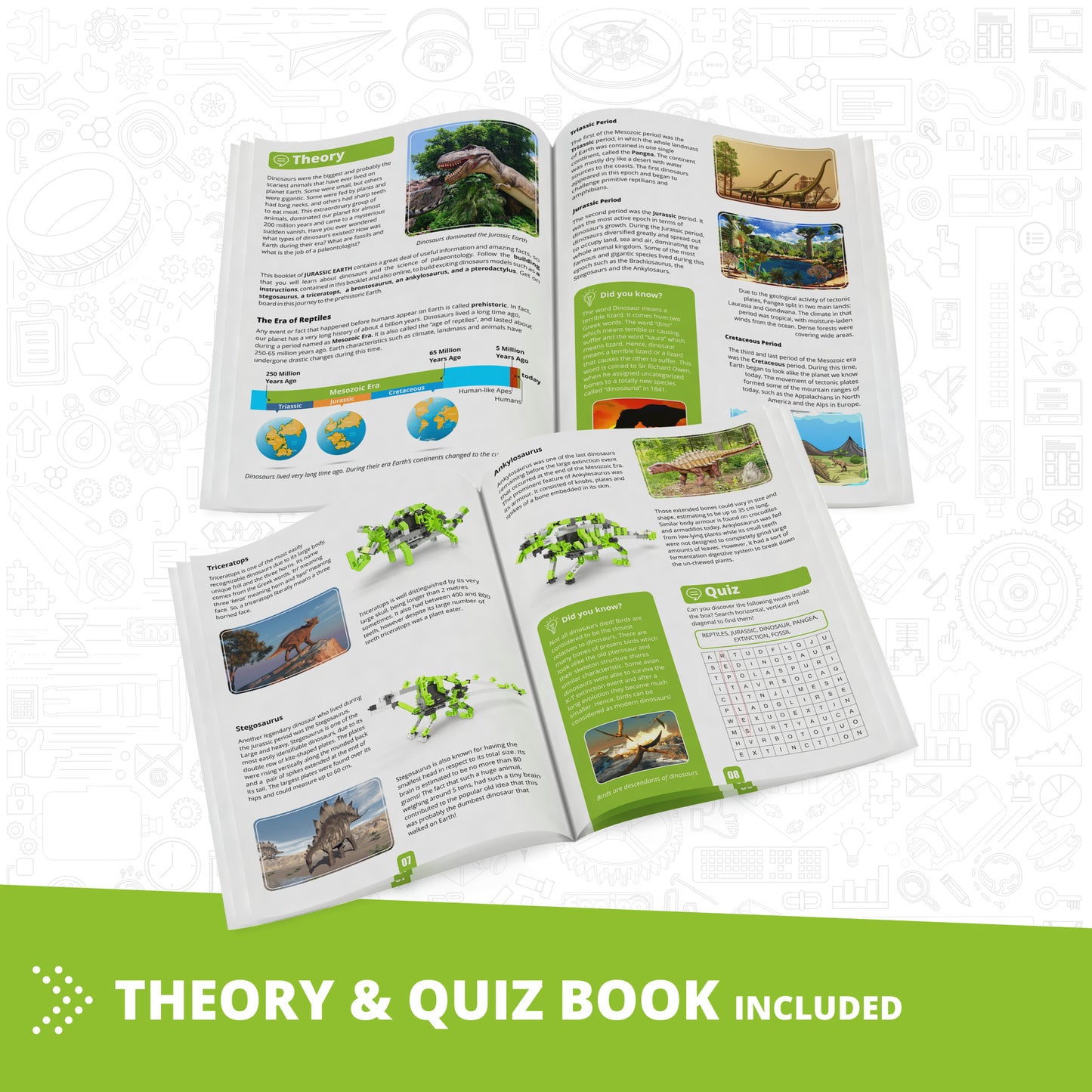 Engino Discovering STEM Paleontology set with theory and quiz book showing dinosaur models and educational content