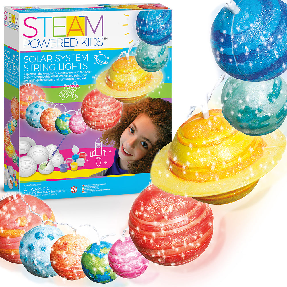 STEAM Powered Kids Solar System String Lights kit box with child model and illuminated planet-shaped string lights in blue, yellow, red, and multicolor, modeled