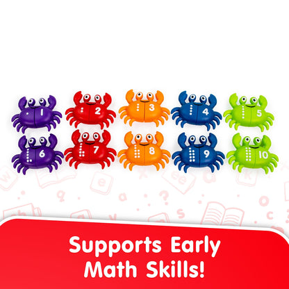 Counting Crabs toy set with 10 colorful numbered crabs in purple, red, orange, blue and green for early math learning
