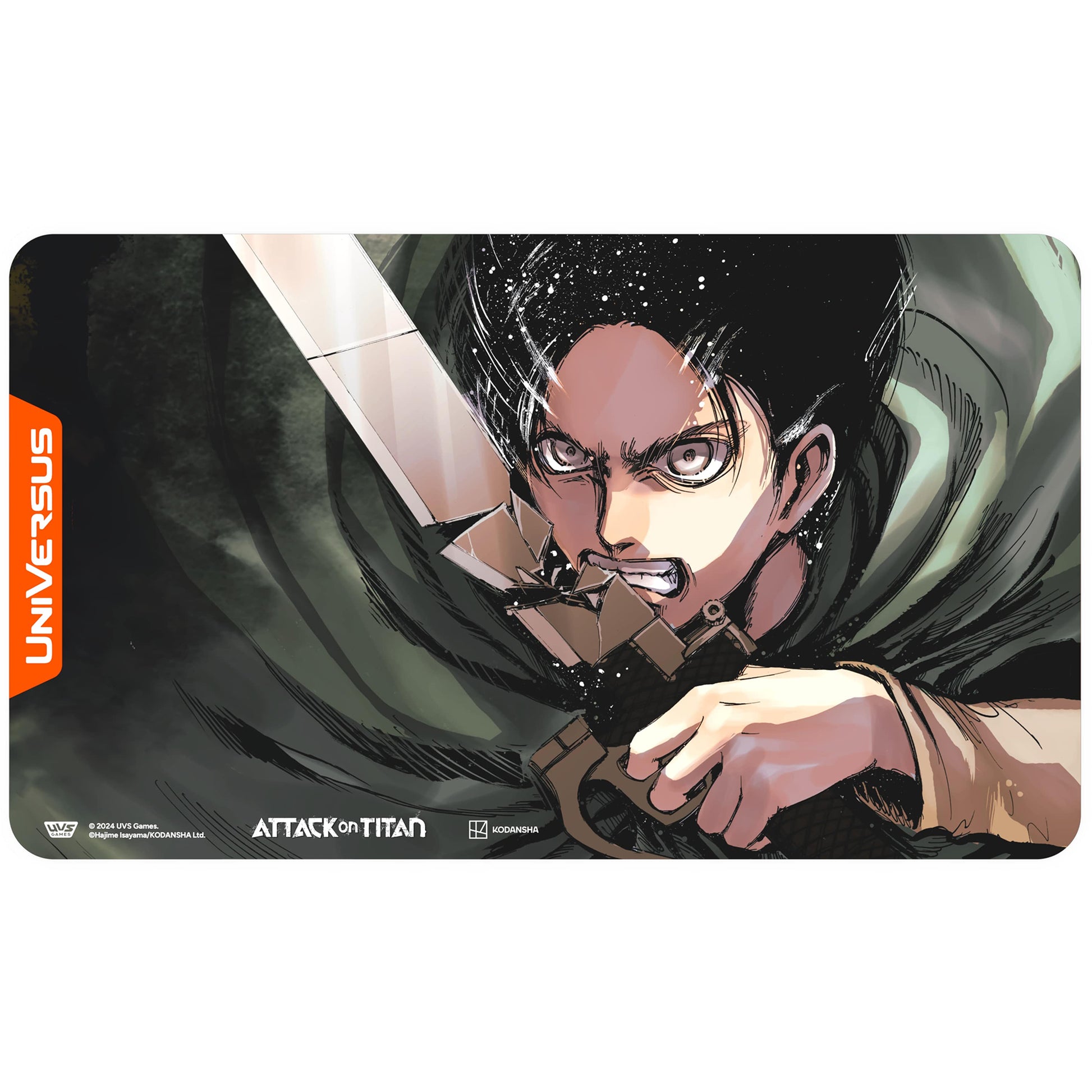 UniVersus Attack on Titan Eren Yeager Playmat featuring anime character with dark hair and intense expression on dark background