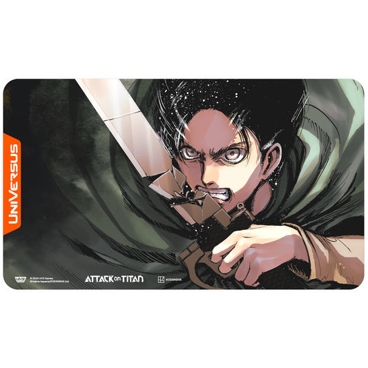 UniVersus Attack on Titan Eren Yeager Playmat featuring anime character with dark hair and intense expression on dark background