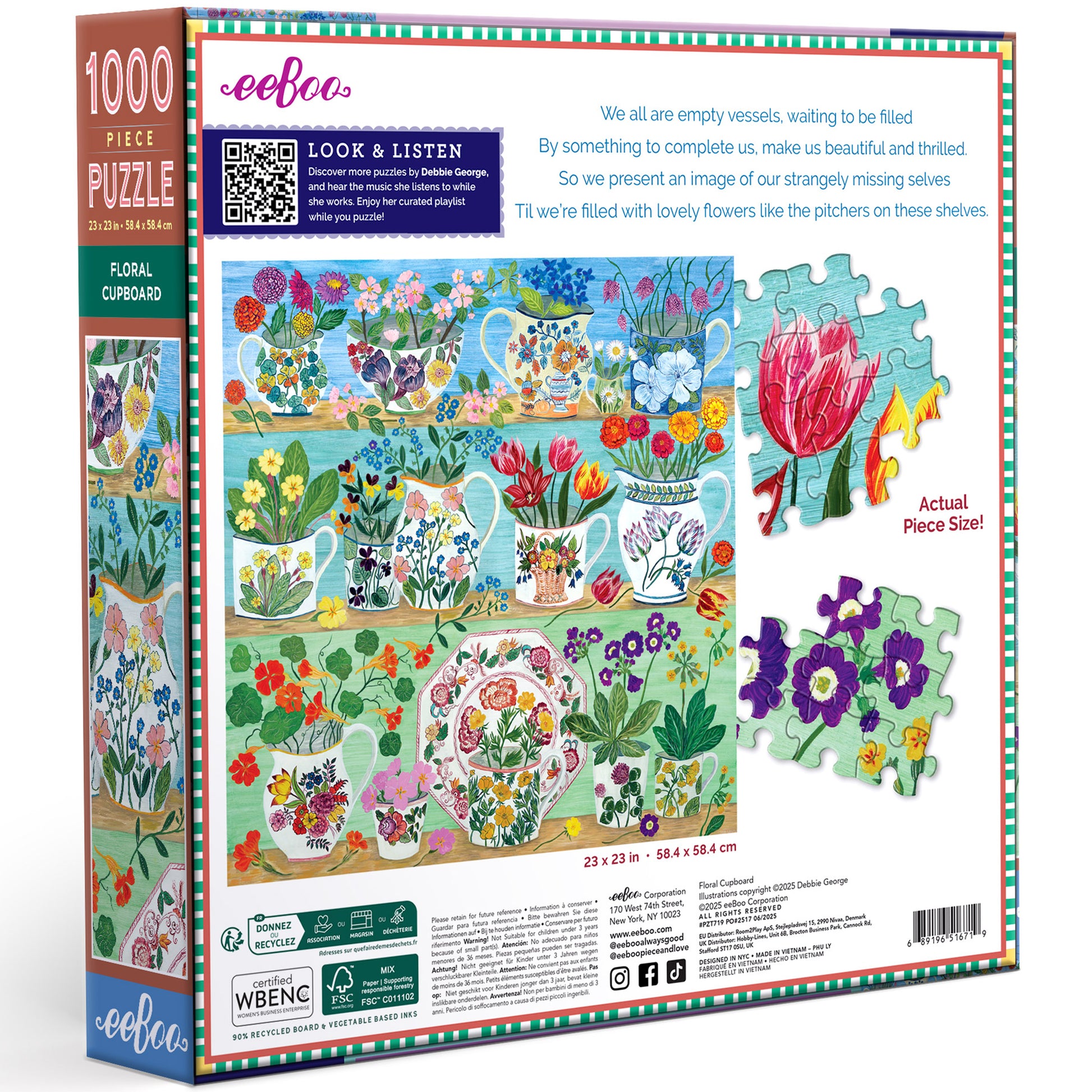 eeBoo Floral Cupboard 1000 piece puzzle featuring colorful flowers in vases on blue, green and tan background