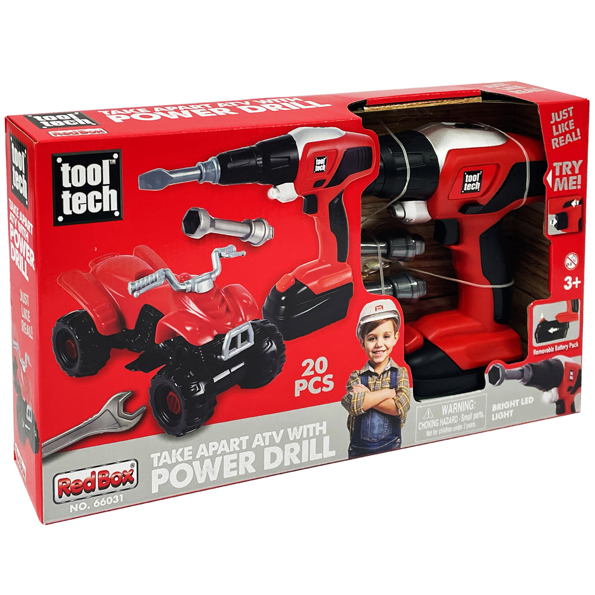 Tool Tech Take Apart ATV & Power Drill Build Set with red ATV, red power drill, and accessories on packaging