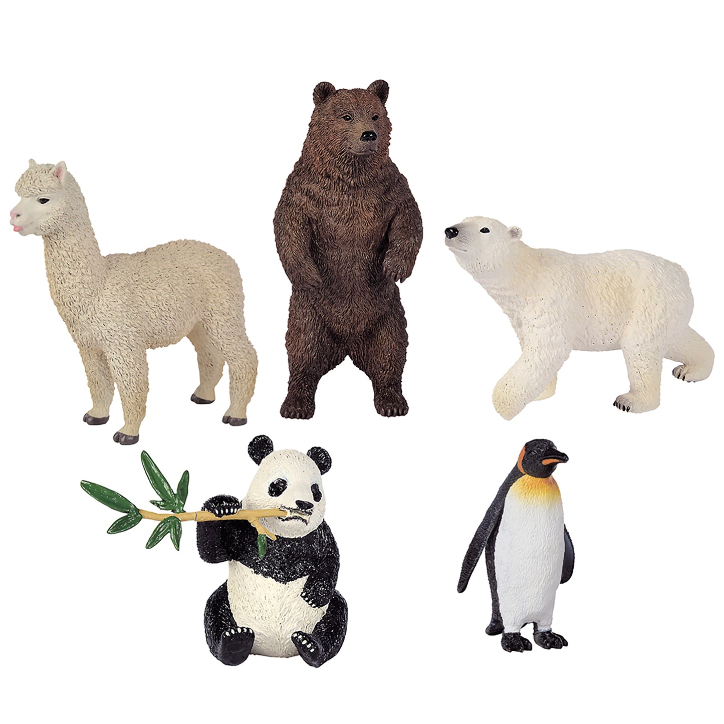 Five animal figurines: cream alpaca, brown bear, white polar bear, black and white panda holding bamboo, and emperor penguin