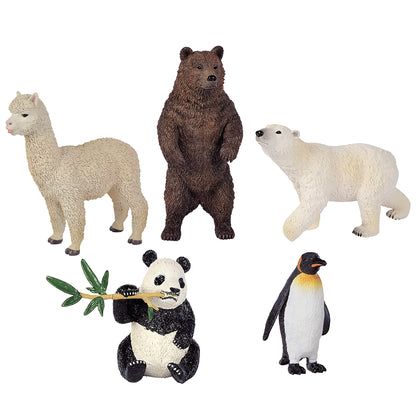 Five animal figurines: cream alpaca, brown bear, white polar bear, black and white panda holding bamboo, and emperor penguin