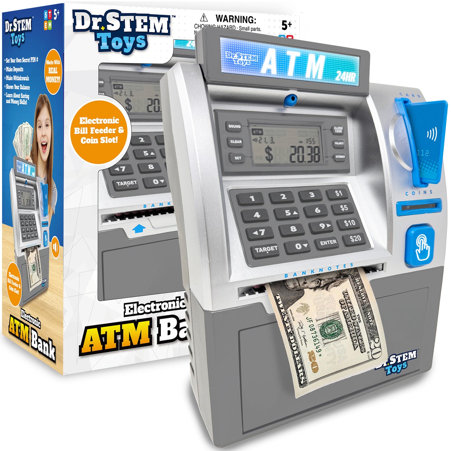 Dr. STEM Electronic ATM Bank with digital LCD screen, keypad, bill feeder, coin slot, and blue touchless card reader on right side